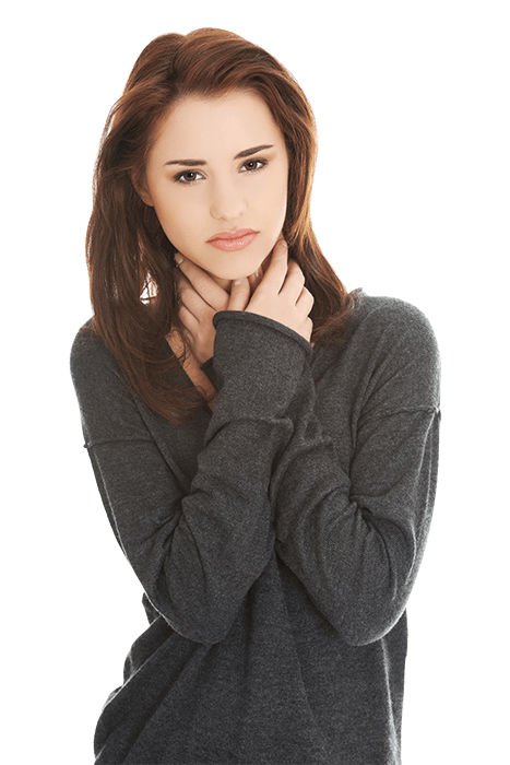 Beautiful brunette woman with thoracic outlet syndrome in pain holding neck with both hands