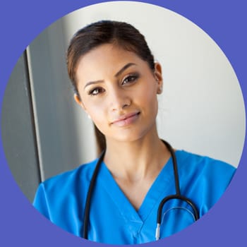 Female Young Exotic Doctor Blue Scrubs Serious Arms Crossed Circle Who are we? NeoVista® Doctors Team