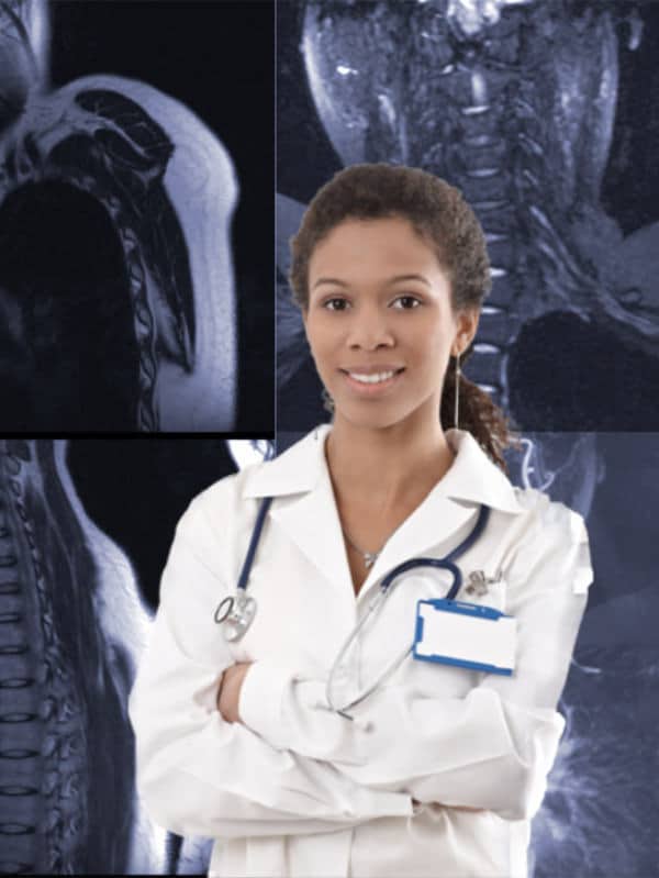 Female young smiling doctor uses MRI of thoracic outlet syndrome