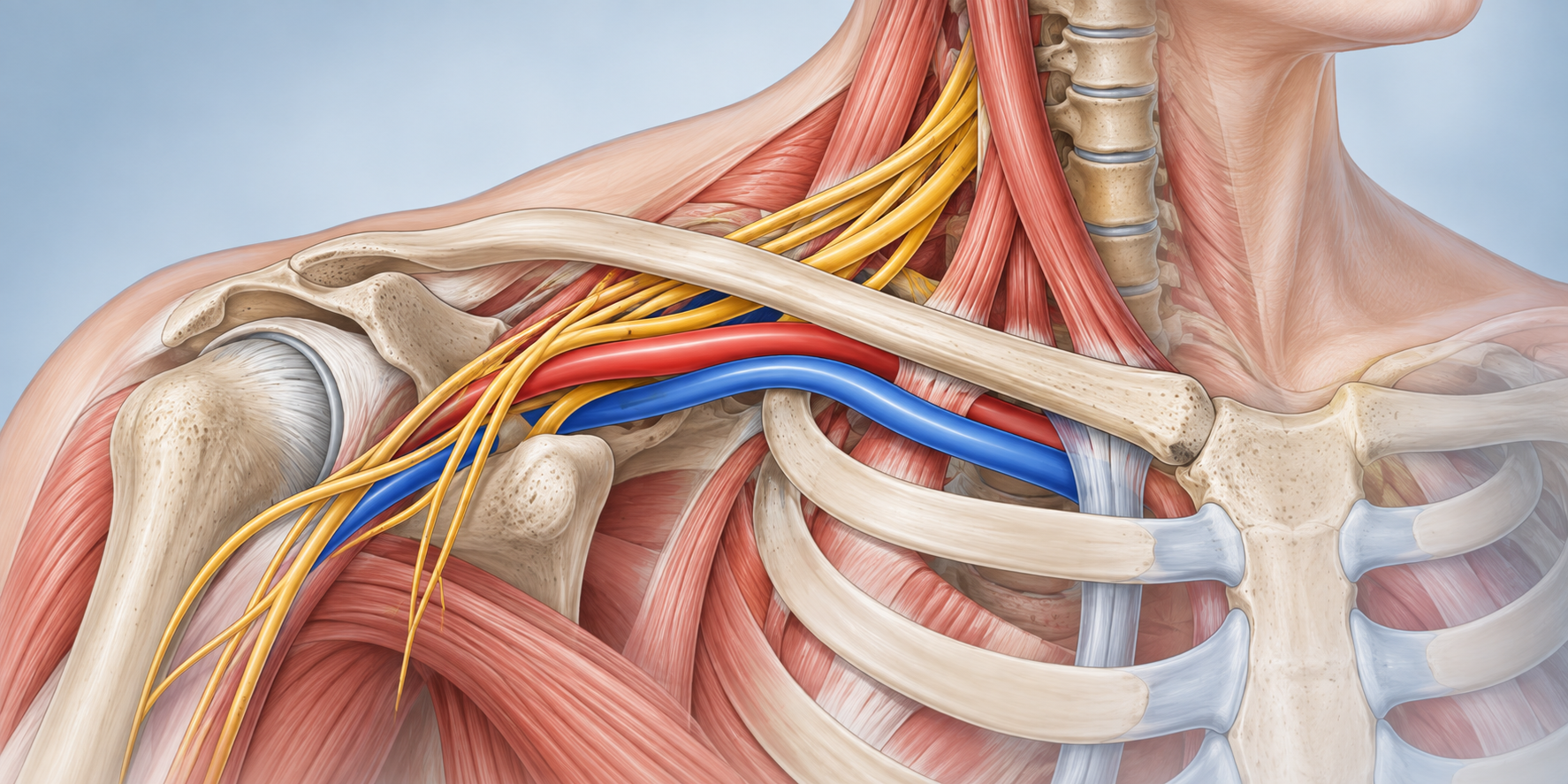 Illustration of nerves and blood vessels passing through the thoracic outlet beneath the collarbone